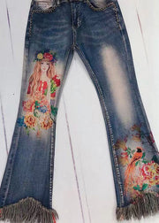 Modern Blue Tasseled Print Zircon Denim Flare Bottoms Spring