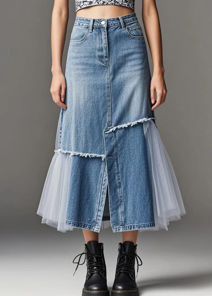 Modern Blue Tulle Patchwork Side Open Denim Skirt Spring