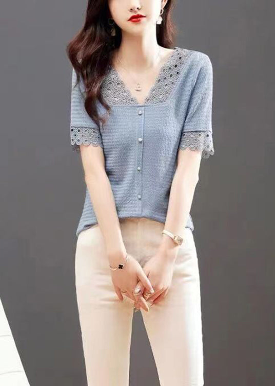 Modern Blue V Neck Hollow Out Lace Patchwork Shirt Summer