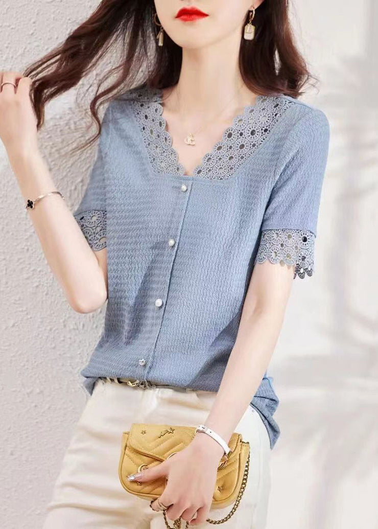 Modern Blue V Neck Hollow Out Lace Patchwork Shirt Summer