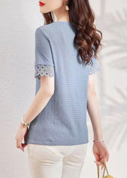 Modern Blue V Neck Hollow Out Lace Patchwork Shirt Summer