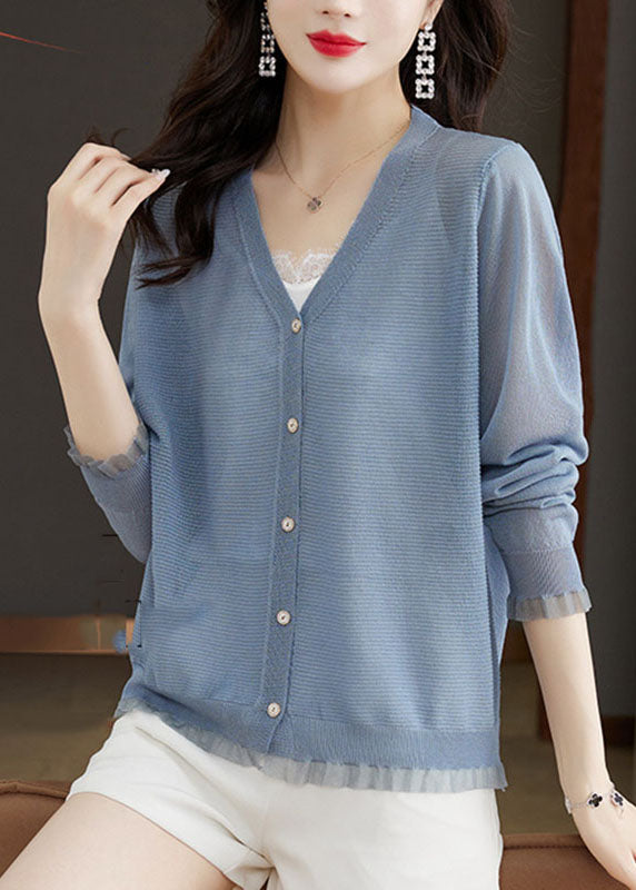 Modern Blue V Neck Lace Patchwork Button Ice Size Knit Cardigans Long Sleeve