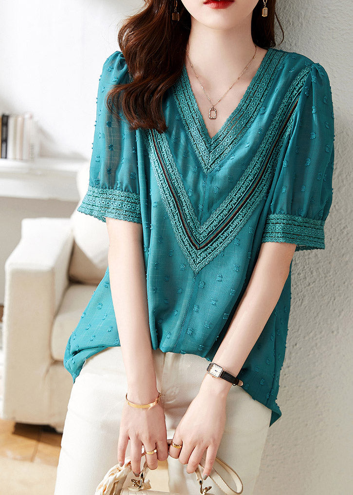 Modern Blue V Neck Patchwork Chiffon T Shirt Short Sleeve