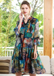 Modern Blue V Neck Patchwork Print Chiffon Party Dress Bracelet Sleeve