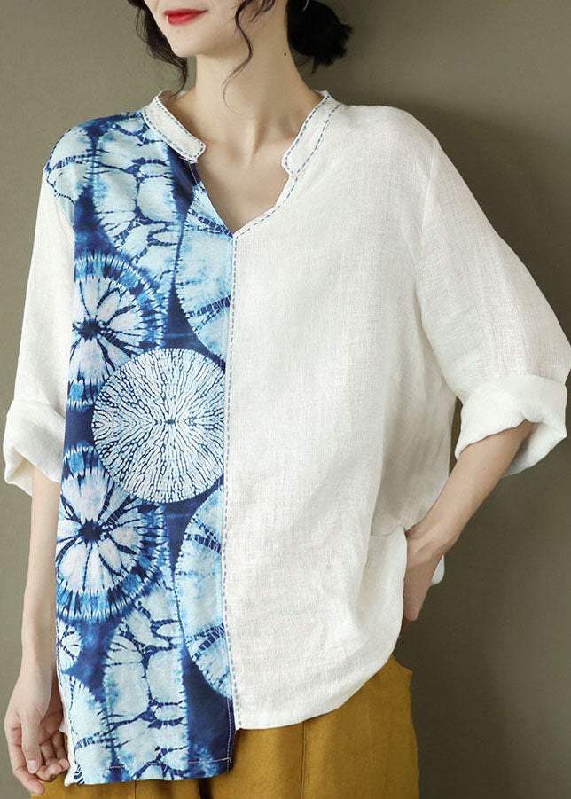 Modern Blue V Neck Patchwork Print Linen Pullover Top Spring