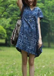 Modern Blue V Neck Print Patchwork Linen Mid Dresses Summer