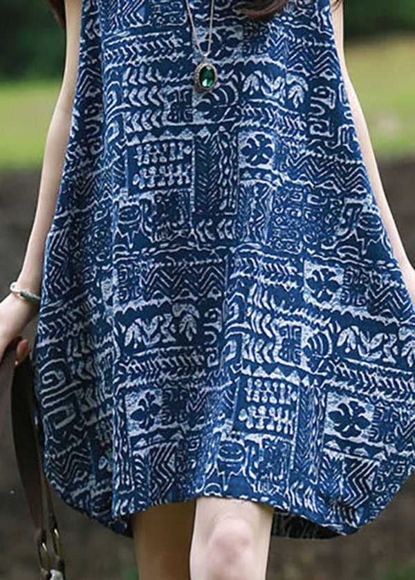 Modern Blue V Neck Print Patchwork Linen Mid Dresses Summer