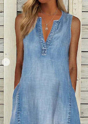 Modern Blue V Neck Washed Denim A Line Dress Sleeveless