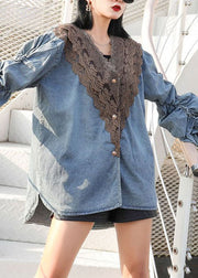 Modern Blue V Neck Wrinkled Lace Patchwork Denim Shirts Coat Spring