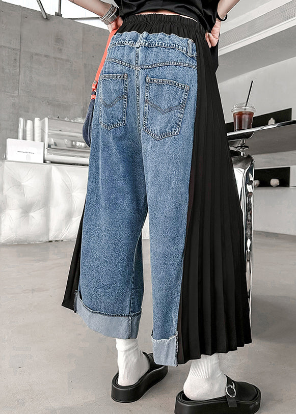 Modern Blue Wrinkled Elastic Waist Patchwork Denim Crop Pants Fall