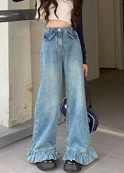 Modern Blue Wrinkled High Waist Denim Wide Leg Pants Spring