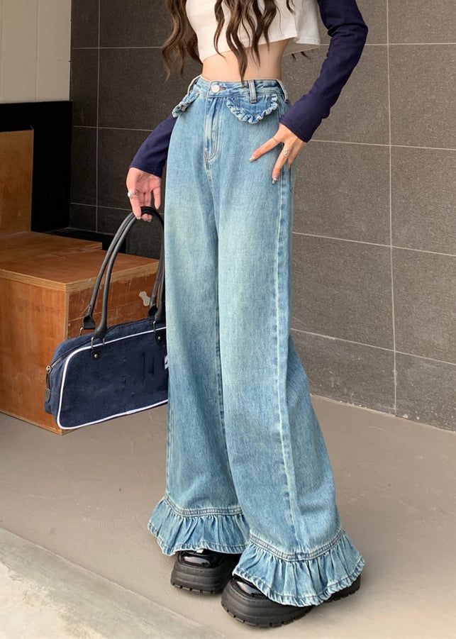 Modern Blue Wrinkled High Waist Denim Wide Leg Pants Spring