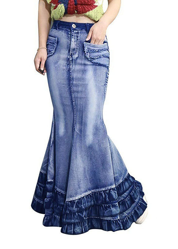 Modern Blue Wrinkled Pockets Patchwork Denim Skirt Summer