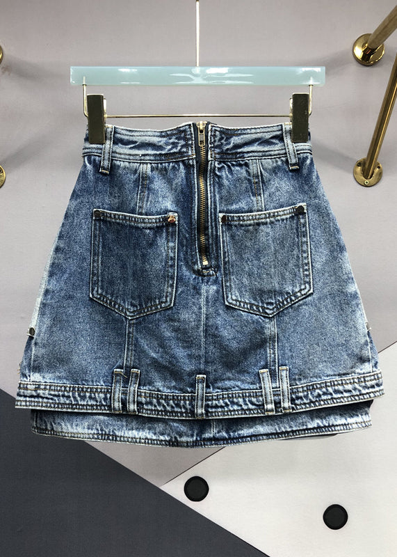 Modern Blue Zip Up Pockets Patchwork Denim Skirts Summer