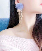 Modern Blue Zircon Tassel Mink Hair Tassel Drop Earrings