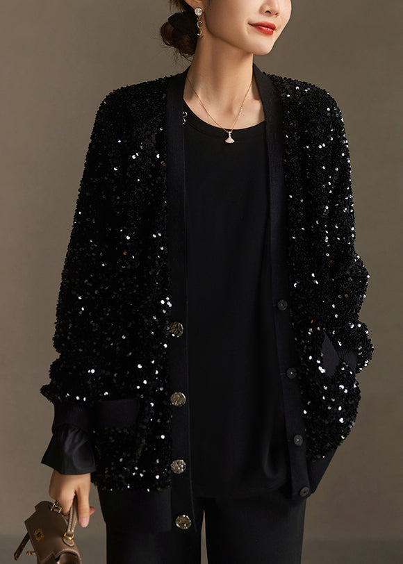 Modern Boutique Black V Neck Pockets Sequins Short Coat Spring