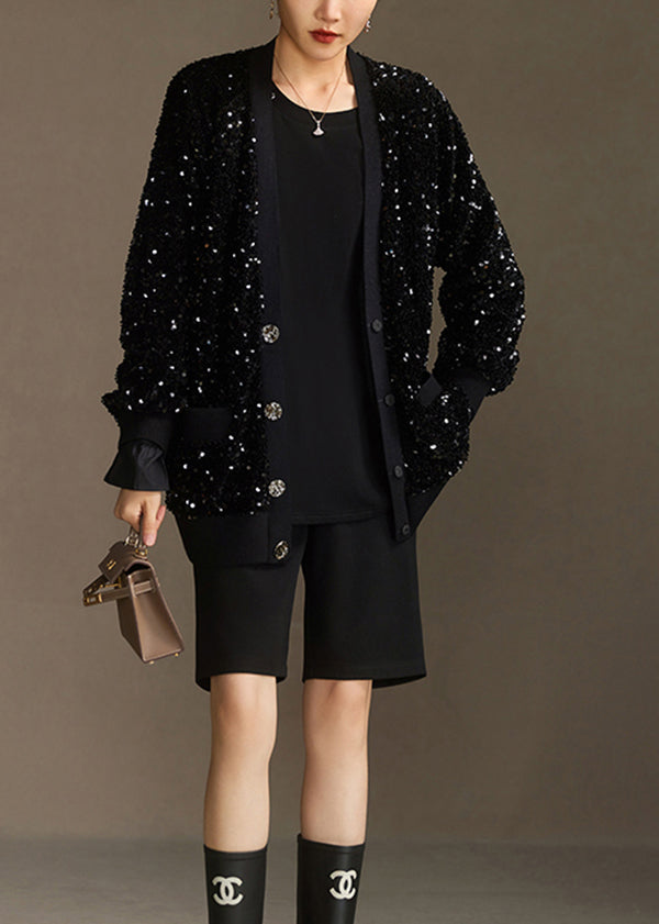 Modern Boutique Black V Neck Pockets Sequins Short Coat Spring