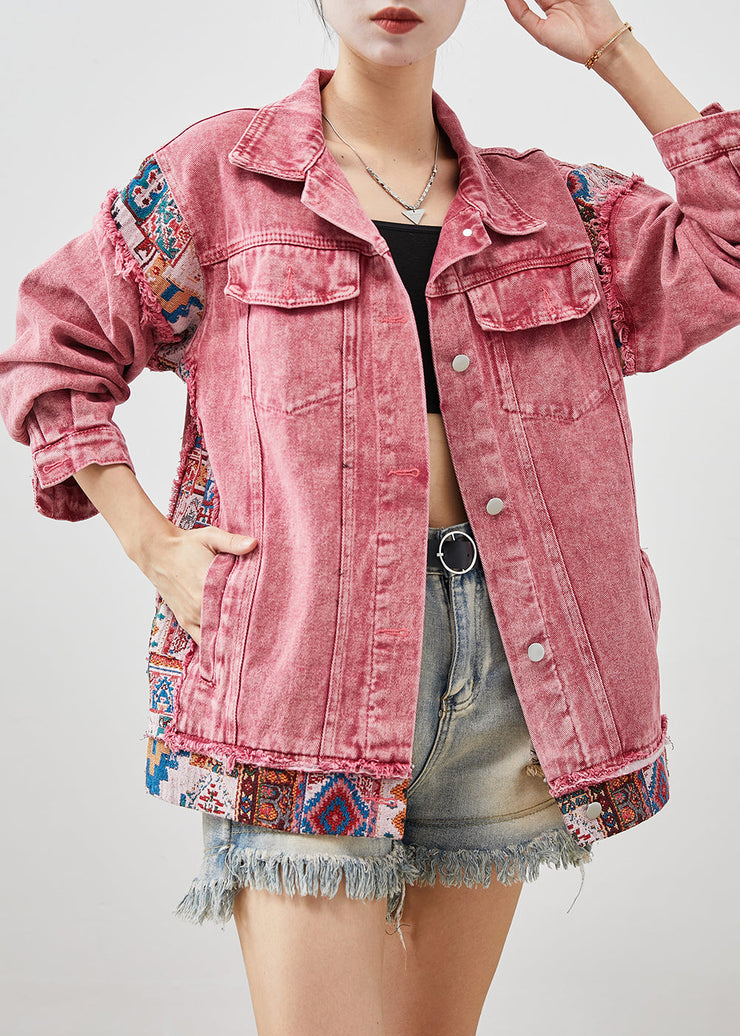 Modern Brick Red Oversized Patchwork Denim Jacket Fall