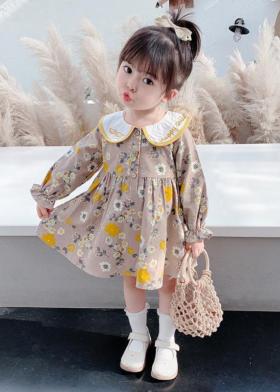 Modern Brown Embroideried Print Girls Vacation Long Dresses Long Sleeve