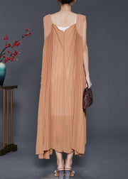 Modern Brown Exra Large Hem Cotton Pleated Dresses Sleeveless