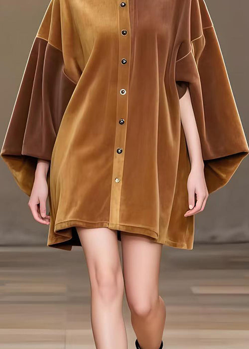 Modern Brown Oversized Corduroy Minin Dress Lantern Sleeve