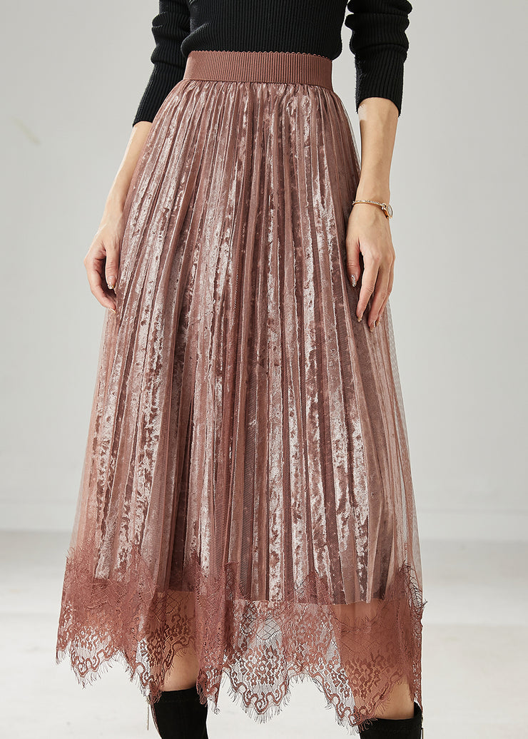 Modern Brown Patchwork Lace Silk Velvet Pleated Skirts Spring