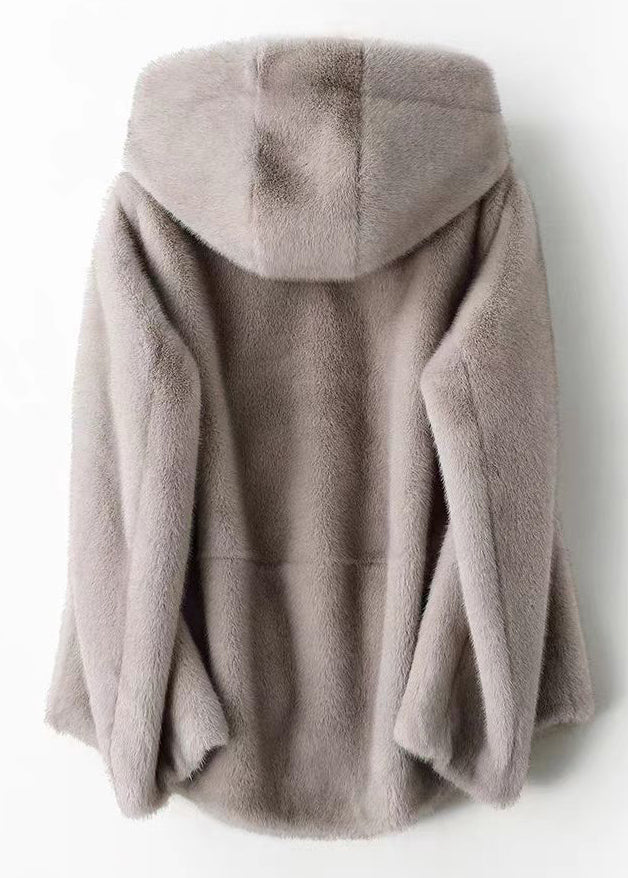 Modern Brown Patchwork Zippered Solid Mink Hair Hoodie Coat Long Sleeve