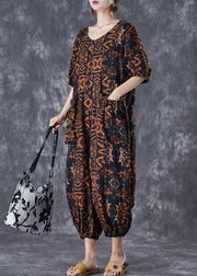 Modern Brown Print Oversized Pockets Linen Jumpsuits Summer