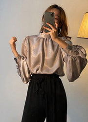 Modern Brown Stand Collar Draping Silk Shirts Lantern Sleeve