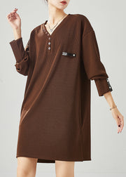 Modern Brown V Neck Cotton Sweatshirt Dress Spring