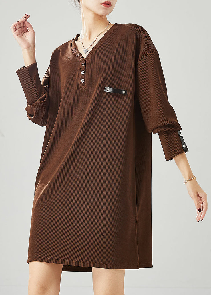 Modern Brown V Neck Cotton Sweatshirt Dress Spring