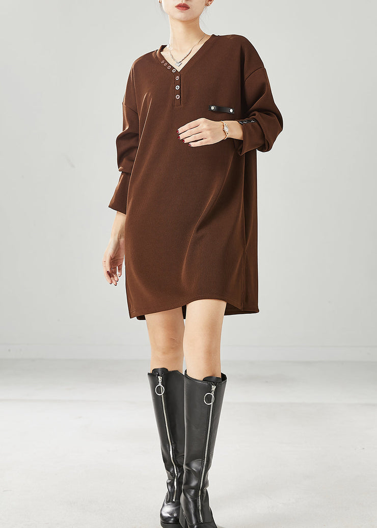 Modern Brown V Neck Cotton Sweatshirt Dress Spring