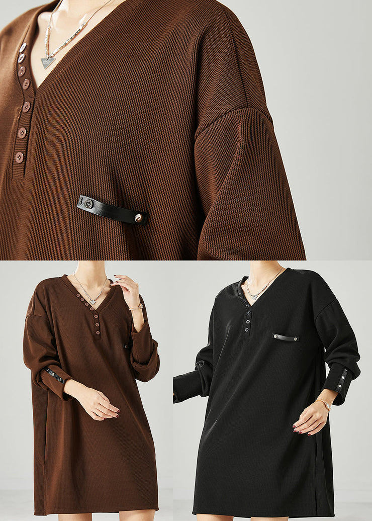 Modern Brown V Neck Cotton Sweatshirt Dress Spring