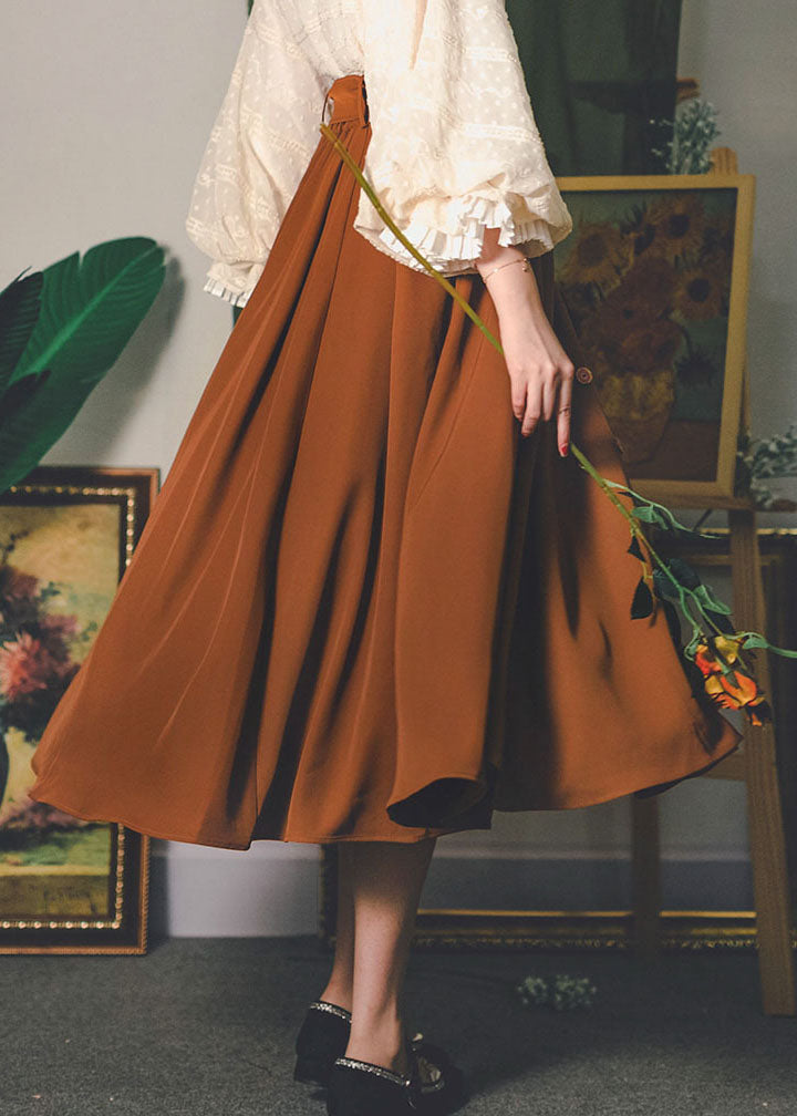 Modern Caramel High Waist Sashes Exra Large Hem Single Breasted A Line Skirt Spring