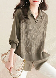 Modern Caramel Peter Pan Collar Patchwork Knit Fake Two Piece Shirts Fall