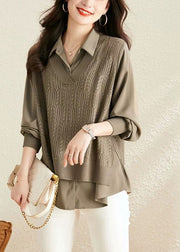 Modern Caramel Peter Pan Collar Patchwork Knit Fake Two Piece Shirts Fall