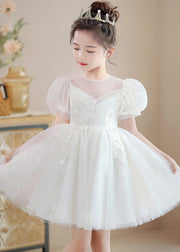 Modern Champagne O-Neck Sequins Patchwork Nail Bead Tulle Girls Mid Dresses Summer