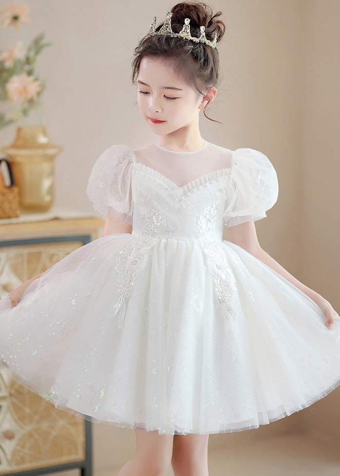 Modern Champagne O-Neck Sequins Patchwork Nail Bead Tulle Girls Mid Dresses Summer