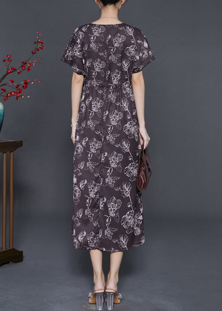 Modern Chocolate Cinched Print Silk Vacation Dresses Summer