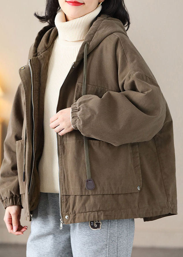 Modern Coffee Hooded Oversized Drawstring Warm Fleece Jackets Spring