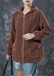 Modern Coffee Hooded Pockets Corduroy Coat Spring