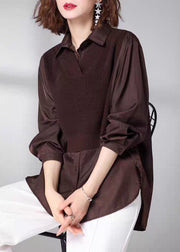 Modern Chocolate Peter Pan Collar Knit Patchwork Silk Shirt Tops Fall