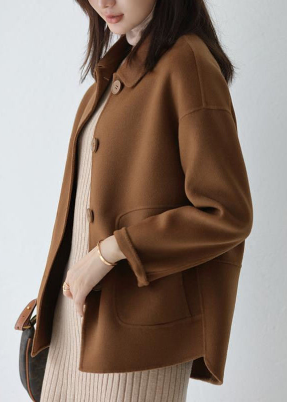 Modern Coffee Peter Pan Collar Patchwork Button Down Woolen Coat Fall