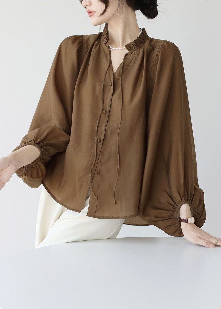 Modern Coffee Ruffled Lace Up Chiffon Shirt Top Lantern Sleeve