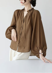 Modern Coffee Ruffled Lace Up Chiffon Shirt Top Lantern Sleeve