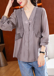 Modern Coffee Ruffled Patchwork Chinese Button Silk Shirts Summer