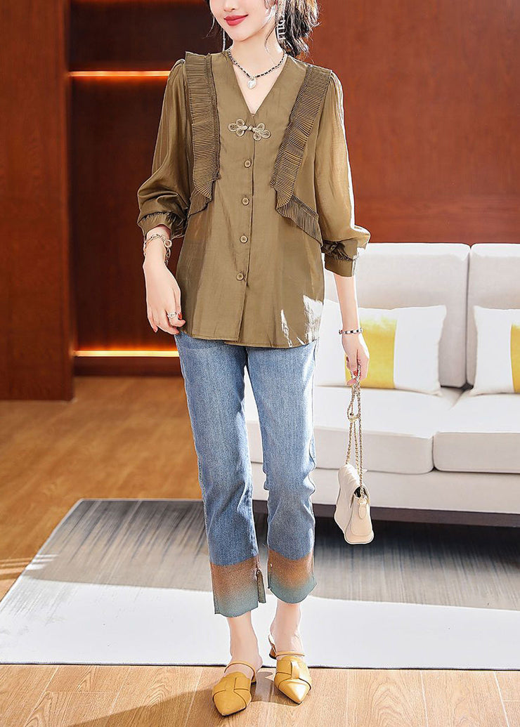 Modern Coffee Ruffled Patchwork Chinese Button Silk Shirts Summer