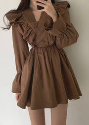 Modern Chocolate V Neck Ruffles Tie Waist Cotton Vacation Dress Spring