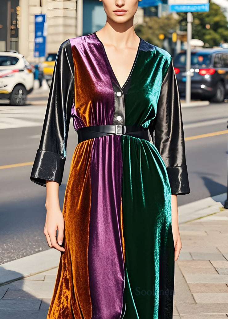 Modern Colorblock Faux Leather Sashes Patchwork Velvet Dresses Fall