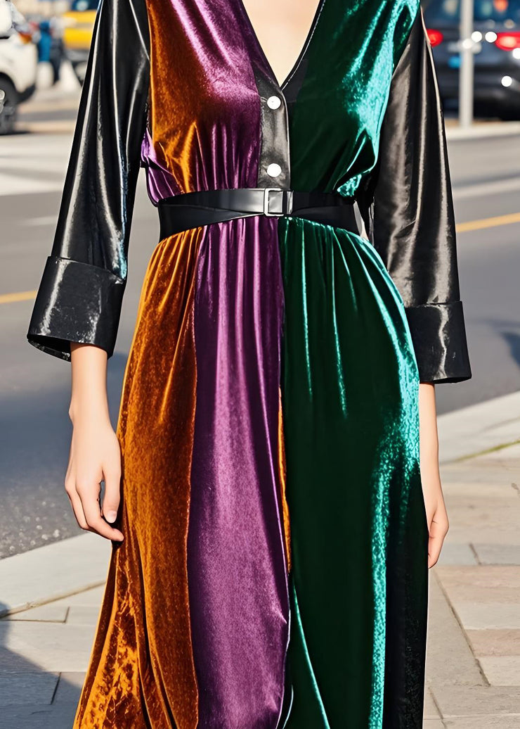 Modern Colorblock Faux Leather Sashes Patchwork Velvet Dresses Fall